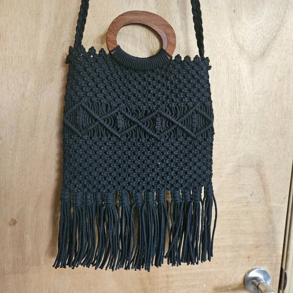 Danielle Nicole Black Fringe Macreme Purse - Picture 2 of 11